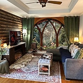 billige Veggoppheng-3D-bibliotekteppe veggteppe vintage bokhyllemønster stor stoffveggkunst buet vindu skogutsikt romdekor til stue/studie