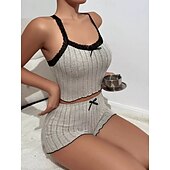 abordables Hauts et bas de nuit pour femmes-Femmes Ensemble Pyjama Occasionnel Confort Couleur Unie Dentelle Taille Élastique Shorts Quotidien Maison Sans manches Bretelles Bleu Blanche Rose Claire Vin Gris Été Printemps Coupe régulière