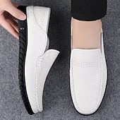 cheap Casual Loafers-Men's White Moccasin Shoes, Genuine Faux Leather, Breathable Design, Classic Style, Comfortable for Casual Wear