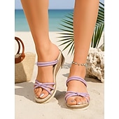 economico Donne-sandali con zeppa color lavanda da donna con cinturini intrecciati: comode scarpe estive per le vacanze, da spiaggia, da resort e per l'abbigliamento casual all'aperto