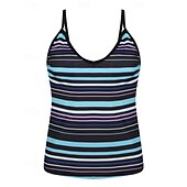 お買い得  サーフィンタンクiniとビキニ-女性用 ミディアム サーフィン用タンキニ＆ビキニ 水着 タンキニ 縞柄 オープンバック UVプロテクション 弾性ある ノースリーブ スイムウェア サーフィン 潜水 水泳 夏