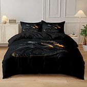 economico Set copripiumino-Set copripiumino con stampa di drago nero Spitfire, set di biancheria da letto in stile hotel con 1 copripiumino e 2 federe, morbido tessuto felpato corto, piumone non incluso.