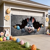 billiga Semestertapeter-Påskgarageportsskydd 157,48 x 70,87 tum söt kanin som bryter igenom väggen färgglada ägg rolig påskdekor utomhusgarage vårfest familjefest bakgrundsscen