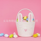 Недорогие Необычные игрушки-Корзинка в виде пасхального кролика, сделанная своими руками, пустая белая хлопковая веревочная сумка для поиска пасхальных яиц с ушками, многоразовое персонализированное подарочное ведерко для детей, малышей, девочек и мальчиков (пустое для самостоятельн