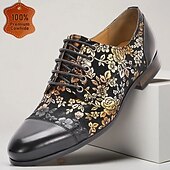 Χαμηλού Κόστους Βασικά Παπούτσια-Κομψά ανδρικά δερμάτινα νυφικά παπούτσια - μαύρα με χρυσό φλοράλ μοτίβο, υποδήματα υψηλής ποιότητας για γάμους και επίσημες γιορτές