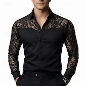 economico Camicie eleganti da uomo-Per uomo Camicia Camicia elegante Camicia con Bottoni Camicia da Ballo Tinta unica Balli di fine anno Matrimonio Nero Manica Lunga Collo ripiegato Tutte le stagioni Abbigliamento Pizzo