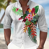 preiswerte Vögel &amp; Tiere-Herren Tropische Blumen Palmblatt Tukane Hemd Hawaiihemden Stehkragenhemd Langarm Hawaiianisch Lässig Urlaub Frühling Herbst Mandarinkragen Stehkragen 3D-Druck Hemden mit Knopfleiste Blau Weiß Khaki