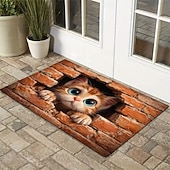 abordables Felpudo-Felpudo con ilusión 3D de gatito, impresión 2D de un gato asomándose a través de una pared de ladrillos para una entrada divertida y original, perfecta para los amantes de los gatos.