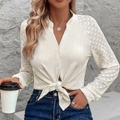 Χαμηλού Κόστους Απλές μπλούζες-Γυναικεία Casual πουκάμισο Πουκάμισο με κουμπιά Μπλούζα γραβάτα μπροστά Δαντέλα Κουμπιά Συμπαγές Χρώμα Καθημερινά Στυλάτο Καθημερινό Μακρυμάνικο Λαιμόκοψη V Όρθιος Γιακάς Κανονικά μπλουζάκια