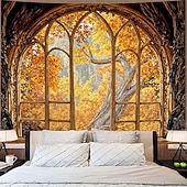 billige Veggoppheng-3D-bibliotekteppe veggteppe vintage bokhyllemønster stor stoffveggkunst buet vindu skogutsikt romdekor til stue/studie