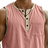tanie Tank topy sportowe-Męskie Koszula lniana Bezrękawnik Kamizelka Top Podkoszulki Bez rękawów Henley Lato Wiosna Równina Moda Designerskie Podstawowy Kieszeń Guziki Codzienny Urlop Ulica Czarny Rumiany róż Granatowy Top
