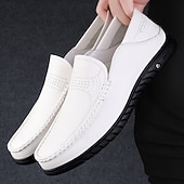 cheap Casual Loafers-Men's White Moccasin Shoes, Genuine Faux Leather, Breathable Design, Classic Style, Comfortable for Casual Wear