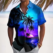 お買い得  熱帯植物-男性用 ココナッツの木 自然、風景 熱帯植物 アロハシャツ ボタンアップシャツ 半袖 ハワイアン カジュアル バケーション 夏 春 折襟 3Dプリント 襟付きシャツ フロントポケット1つ ブルー ルビーレッド パープル ダークブルー