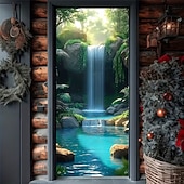 economico Striscioni per Garage e Porte-Tenda da ingresso con vista realistica della natura, da appendere alla parete per l'ingresso del portico, con banner per porta da giardino giapponese in 3D, scena con cascata e laghetto koi.