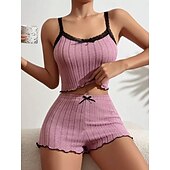 abordables Hauts et bas de nuit pour femmes-Femmes Ensemble Pyjama Occasionnel Confort Couleur Unie Dentelle Taille Élastique Shorts Quotidien Maison Sans manches Bretelles Bleu Blanche Rose Claire Vin Gris Été Printemps Coupe régulière