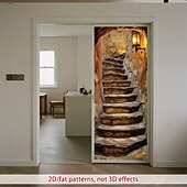 olcso Ajtófedelek-Ajtóborítás 3D optikai illúzió kő lépcsőház design meleg lámpás fénnyel 2D síknyomat dekoratív ajtóburkolat