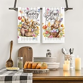 billige påske-2 stk. kjøkkenhåndklær med påskehare-trykk, vaskbare vårhåndklær med påskehare &amp;eggmønstre, moderne gårdshus rektangulære oppvaskkluter egnet for vårsesongdekorasjonsgave