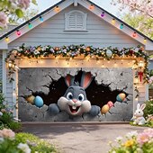 billiga Semestertapeter-Påskgarageportsskydd 157,48 x 70,87 tum söt kanin som bryter igenom väggen färgglada ägg rolig påskdekor utomhusgarage vårfest familjefest bakgrundsscen