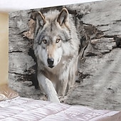 billige Veggoppheng-3D-ulveteppe veggteppe realistisk treulv som kommer ut av tre veggdekor stor stoffplakat til stue soverom mannehule