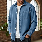 preiswerte Herrenhemd zum Knöpfen-Herren Hemd Freizeithemd Vintage-Shirt Knopfhemd Acid-Wash-Shirt Blau Schwarz Hellgrün Wein Marineblau Langarm Einfach Revers Lässig Streetwear Tasche Bekleidung Baumwolle Mode Retro Vintage Lässig