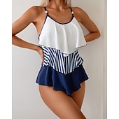 abordables Surf Tankinis &amp; Bikinis-Femmes Maillot de bain Tankini 2 Pièces Rayures Patchwork Jambe courte Séchage Rapide Élastique Sans manches Maillot de Bain Maillot de bain Surf Plage Natation Été