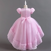 billiga Flower Girl's Dresses-Flower Girl Dress Girls' Formal Dress Wedding Attire Party Wedding Formal Adorable Princess Sweet Patchwork Mesh Solid Color Short Sleeves Crew Neck Pink Red 4 years+
