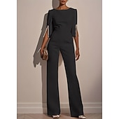 abordables monos formales-Mujer Normal Mono Elegante Color sólido Media Manga Perneras anchas Escote Redondo Alta cintura Oficina Trabajo Ajuste regular Negro Blanco Rosa Verano