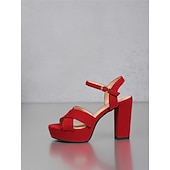 economico Donne-sandali da donna con tacco a blocco e plateau rosso - eleganti scarpe da sposa con cinturino alla caviglia, comode scarpe con cinturino incrociato spesso, perfette per le serate in resort e le feste in vacanza