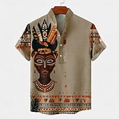 billiga Etniskt mönster-Herr Etik / afrikansk Urfolk Skjorta Button Down skjorta Kortärmad Vintage retro Helgdag Ledigt / vardag Sommar Vår Kinakrage Henley krage 3D-utskrift Linne som skjorta 다크 카키 Svart Grön Kaki