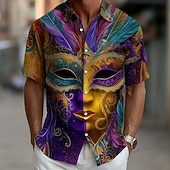 preiswerte Vintage Hemd-Karneval Herren Blende Farbe Karnival Maske mit Federn Hemd Knopfhemd Kurzarm Vintage-Retro Party Ferien Sommer Frühling Umlegekragen 3D-Druck Hemden mit Kragen Purpur Orange Dunkelviolett