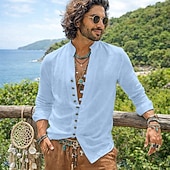 billiga Semester-herrskjorta linneskjorta sommarskjorta vardagskjorta bohemskjorta enfärgad vardaglig blå svart vit rosa långärmad mandarinkrage sommar vår &amp;höstkläder