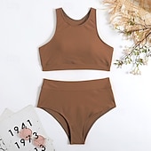 baratos Surfistas Tankinis &amp; Bikinis-Mulheres Conjuntos de biquíni 2 Peças Maiôs Cor Sólida Proteção UV Elástico Sem Manga Roupa de Banho roupa de banho Surfe Mergulho Natação Verão