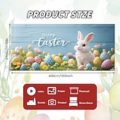 billiga Semestertapeter-Påskgarageportsskydd 157,48 x 70,87 tum söt kanin som bryter igenom väggen färgglada ägg rolig påskdekor utomhusgarage vårfest familjefest bakgrundsscen