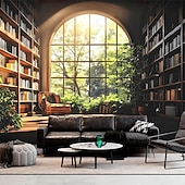 billige Veggoppheng-3D-bibliotekteppe veggteppe vintage bokhyllemønster stor stoffveggkunst buet vindu skogutsikt romdekor til stue/studie