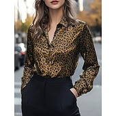 cheap Dressy Blouses-Women's Blouse Buttons Print Leopard Stylish Casual Long Sleeve Shirt Collar Regular Tops Daily Blue Silver Yellow Brown Spring Fall