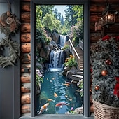 economico Striscioni per Garage e Porte-Tenda da ingresso con vista realistica della natura, da appendere alla parete per l'ingresso del portico, con banner per porta da giardino giapponese in 3D, scena con cascata e laghetto koi.