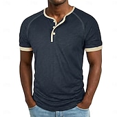 baratos Camiseta Henley Casual-Homens Camisa Henley Camisetas Camiseta 100% algodão Manga Curta Côr Sólida Tecido Cor Única Moda Designer Casual Bloco de cor Botões Henley Casual Diário Ao ar livre Primavera Verão Verão Primavera