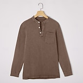 お買い得  カジュアルヘンリーTシャツ-男性用 ヘンリーシャツ Tシャツ コットン100% アシッドウォッシュシャツ ヘンリートップ 長袖 純色 平織り ヴィンテージ ファッション レトロ風 色褪せた ボタン ヘンリー カジュアル 日常 アウトドア 夏 春 オールシーズン ブルー ダークレッド ブラック ヘンリーTシャツ