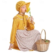  250-årsjubileum USA 1800-talet Gamla västern Prärieklänning Motorhuva och förkläde Lång ärm Pioneer Girl Koloniala kostymer Pionjär Revolutionskriget Blommig Maskeradkläder Flickor Halloween Karnival