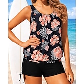 preiswerte Surfen Tankinis &amp; Bikinis-Damen Geraffter Tankini 2 Teile Tropisch UV Schutz Elastisch Ärmellos Bademode Surfen Strand Schwimmen Sommer