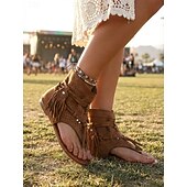 お買い得  女性-女性用のイエローのスエードフリンジアンクルサンダル。通気性のある穴あき生地、タッセルタイのディテール、フェスティバルの音楽イベントや休暇に最適な鮮やかなジプシースタイルのシューズ。