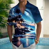 preiswerte Tropische Pflanzen-Herren Regenbogen Kokospalme Landschaft Sommer Hawaiihemd Knopfhemd Alohahemd Kurzarm Hawaiianisch Urlaub Sommer Frühling Umlegekragen 3D-Druck Hemden mit Kragen Eine Tasche vorne Blau Dunkelblau