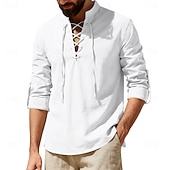 Недорогие Классический-Муж. Рубашка Льняная рубашка Стиль Викингов Летняя рубашка Одежда для пляжа Рубашка с воротником-стойкой Сплошной цвет Повседневные Отпуск Черный Белый Зеленый Цвет хаки Длинный рукав