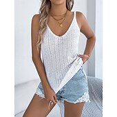ieftine Rezervor simplu-Pentru femei Pulover Casual Moale Culoare pură Striat În V Tricotat Găurite Fără manșon Topuri obișnuite Tricotat Zilnic În aer liber Sfârșit de săptămână Alb Roșu Vin Vară