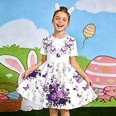 abordables Disfraces de Pascua para Niñas-Semana Santa Girls ' 3D Floral Graphic Mariposa Vestido Manga Corta Impresión 3D Verano Primavera Diario Vacaciones Fiesta Estilo lindo Básico Casual Niños 4-12 años Vestido informal Vestido de una