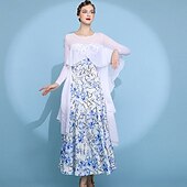 economico Sala da Ballo Standard-abito da ballo da sala da donna con fiori, in rete trasparente, a maniche lunghe, con volant sovrapposti, abito da competizione moderno standard, bianco e blu