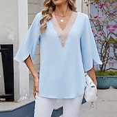preiswerte Schicke Blusen-Damen Hemd Bluse Chiffon Tops Patchwork Farbblock Stilvoll Lässig Langarm V Ausschnitt Normale Oberteile Täglich Ferien Ausgehen Blau Schwarz Weiß Rosa Himmelblau Sommer Frühling
