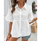 cheap Plain Blouses-Women's Summer Shirt Casual Shirt Blouse Hollow Out Eyelet Solid Color Elegant Stylish Casual Sleeveless Bell Sleeve Turndown Regular Tops Daily Holiday Going out White Summer Spring