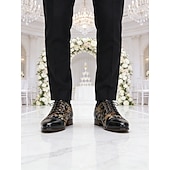 Χαμηλού Κόστους Βασικά Παπούτσια-Κομψά ανδρικά δερμάτινα νυφικά παπούτσια - μαύρα με χρυσό φλοράλ μοτίβο, υποδήματα υψηλής ποιότητας για γάμους και επίσημες γιορτές