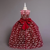 baratos Vestidos de Menina das Flores-Vestido para Meninas das Flores Para Meninas Vestido formal Traje de casamento Festa Casamento Formal Moda Adorável Formal Patchwork Com Transparência Floral Princesa Sem Manga Gola Redonda Azul